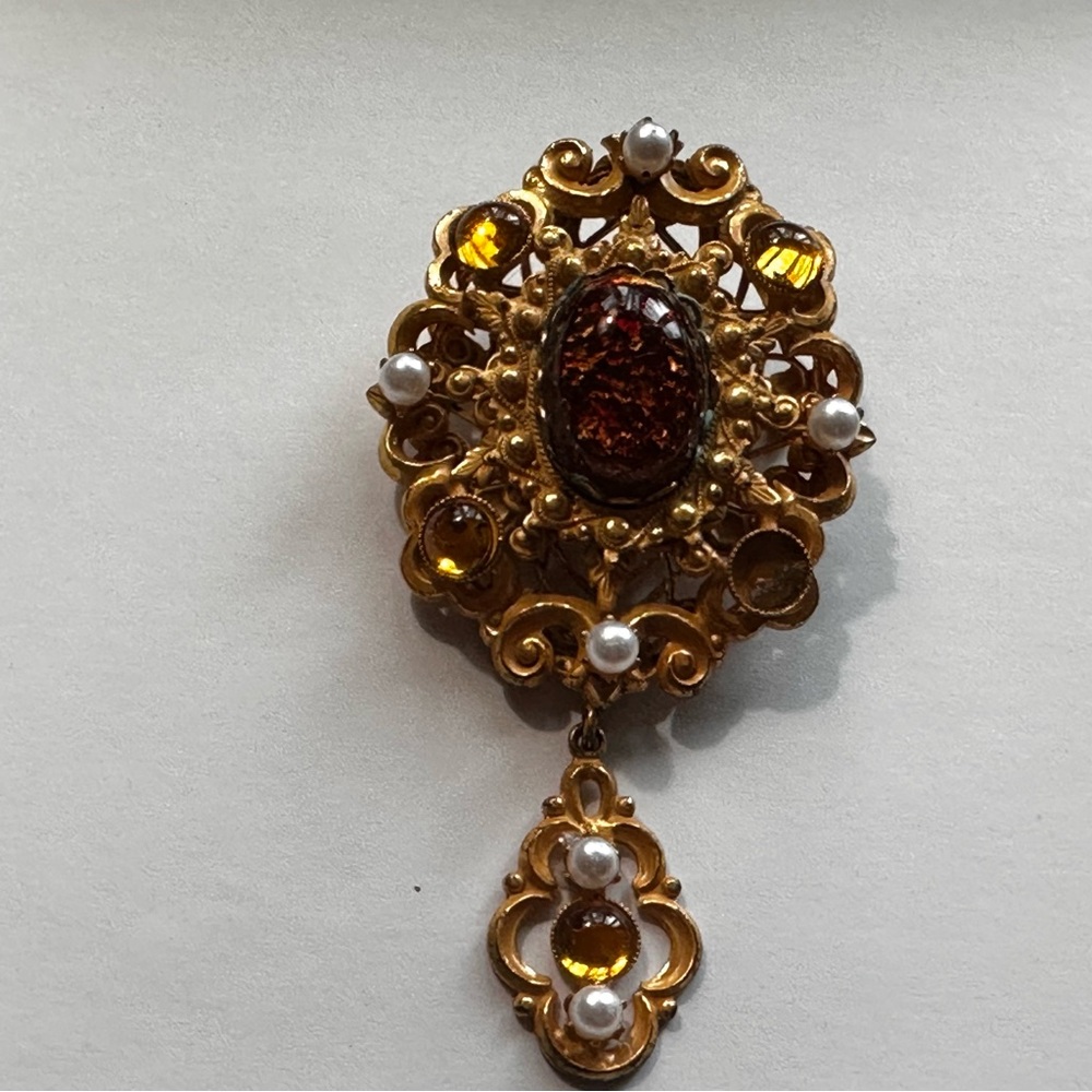 Vintage St Labre Hanging Brooch or Pendant Ornate Faux Pearl Amber Glass FLAW